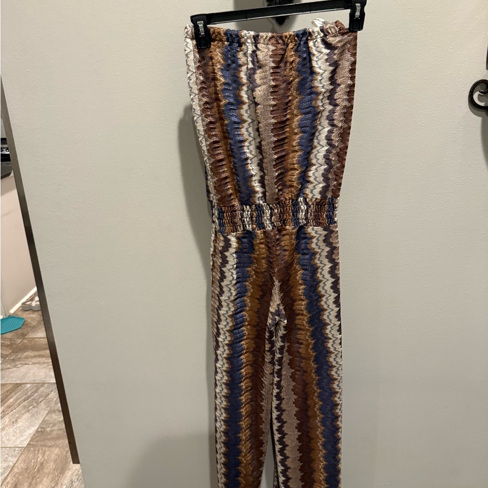 Karina Grimaldi Brown and Blue Jumpsuit with Wide-Leg Silhouette